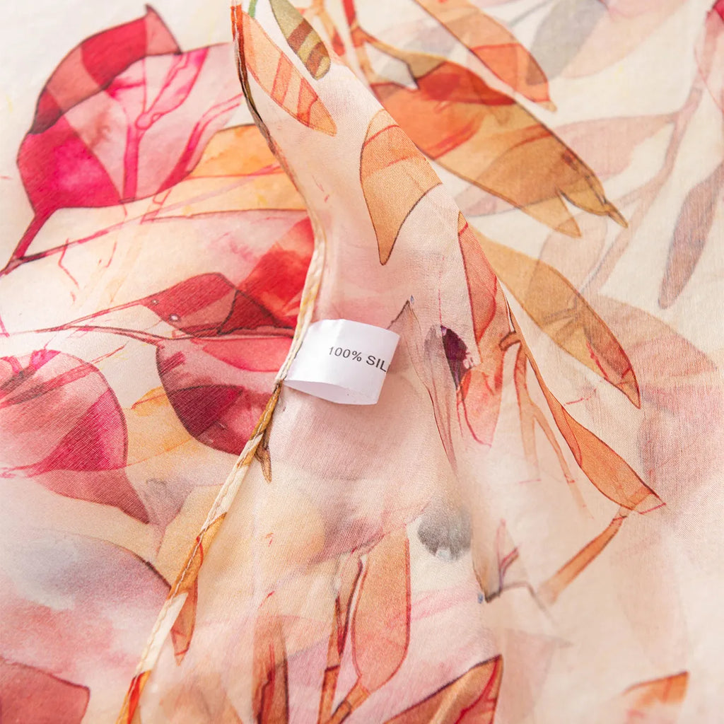 100% silk label on autumn leaf scarf