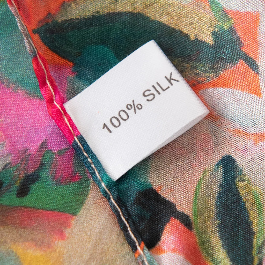 100% silk label on floral scarf