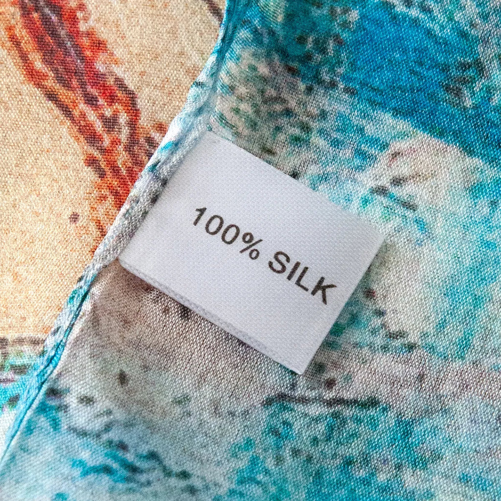100% silk label on seascape scarf