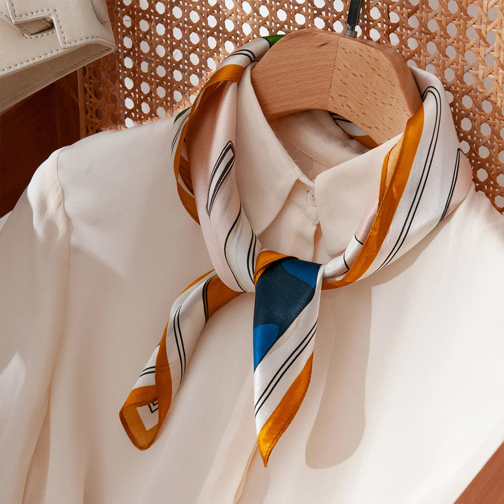 Abstract Silk Square Scarf styled around blouse neckline