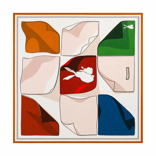 Abstract patchwork Silk Square Scarf flat lay view
