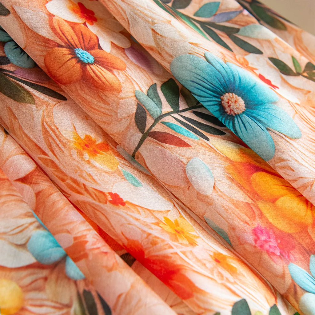 Apricot floral silk scarf fabric detail