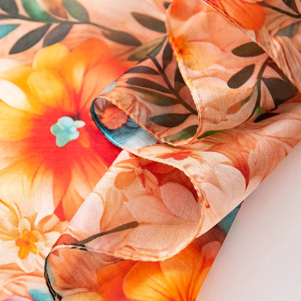Apricot wildflower silk scarf hem detail
