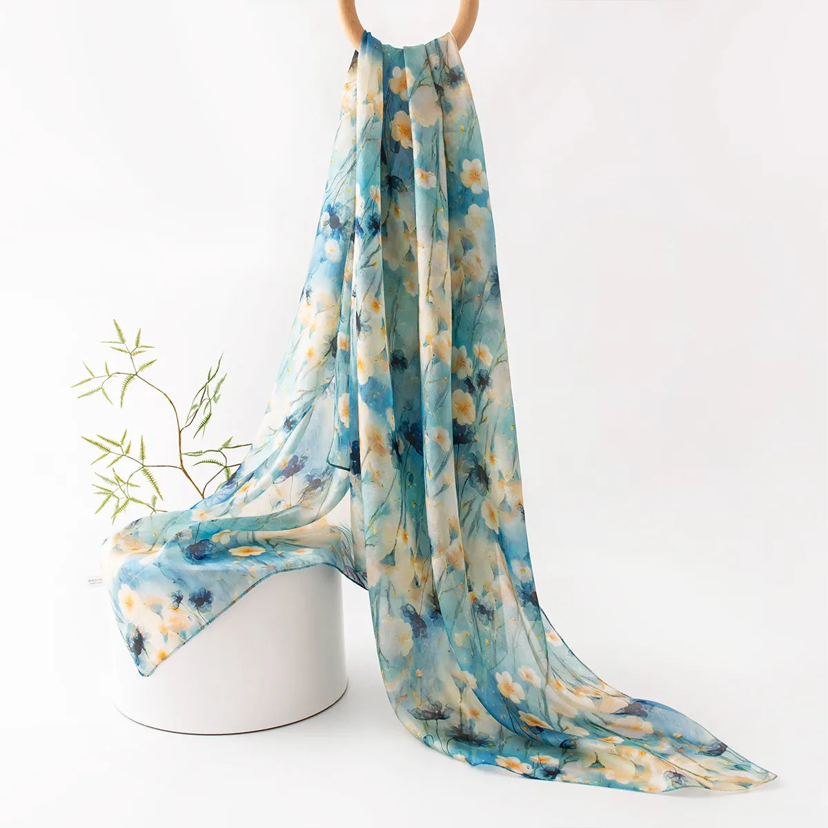 Aqua daisy silk scarf hanging display
