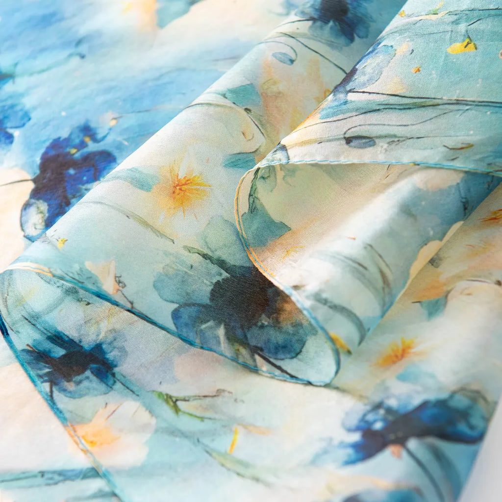 Aqua daisy silk scarf hem detail