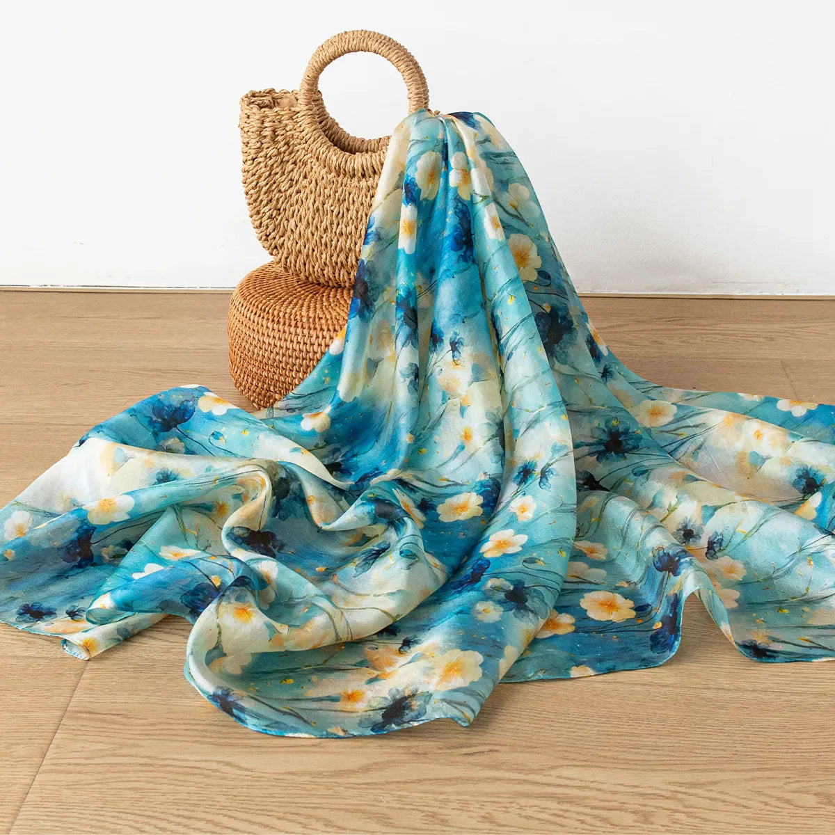 Aqua daisy silk scarf with straw bag