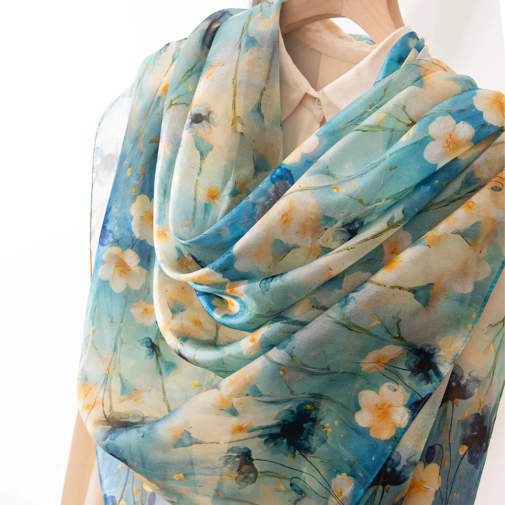 Aqua daisy silk shawl on blouse