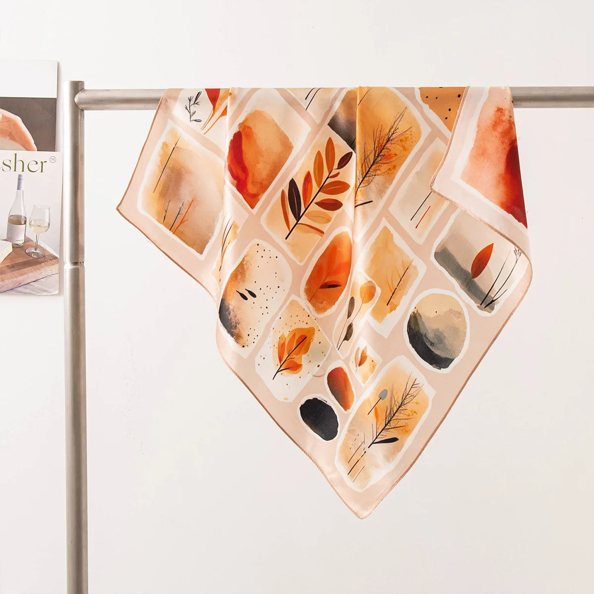 Autumn leaf Silk Square Scarf hanging display view