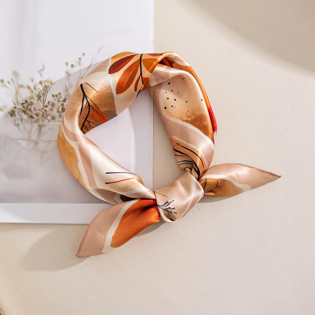 Autumn print Silk Square Scarf tied in knot
