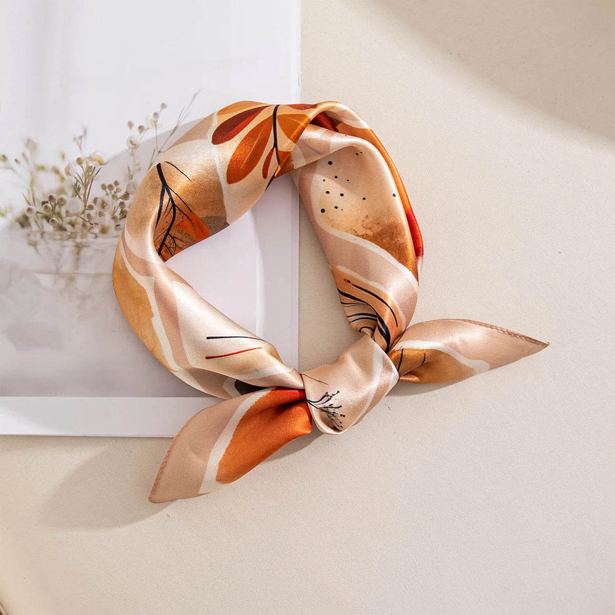 Autumn print Silk Square Scarf tied in knot