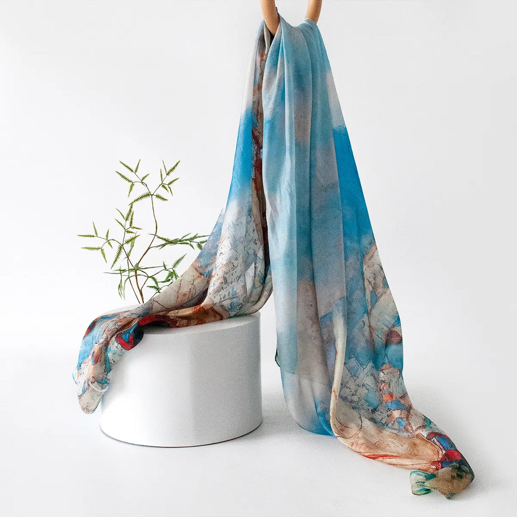 Azure sailboat silk scarf hanging display