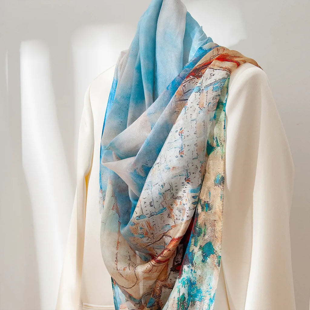 Azure sailboat silk shawl draped on blouse