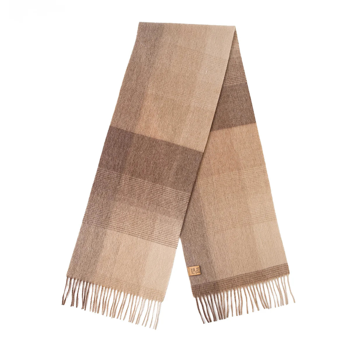 Beige brown checked wool scarf arranged with both ends visible