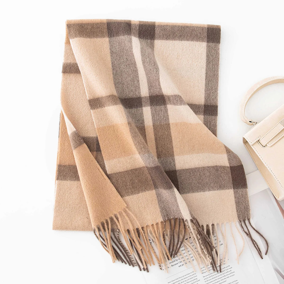 Beige brown plaid wool scarf showing broad intersecting bands