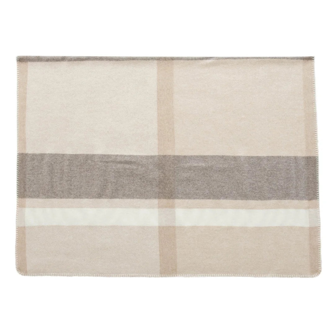 Beige checked cashmere wrap folded flat with stitched border
