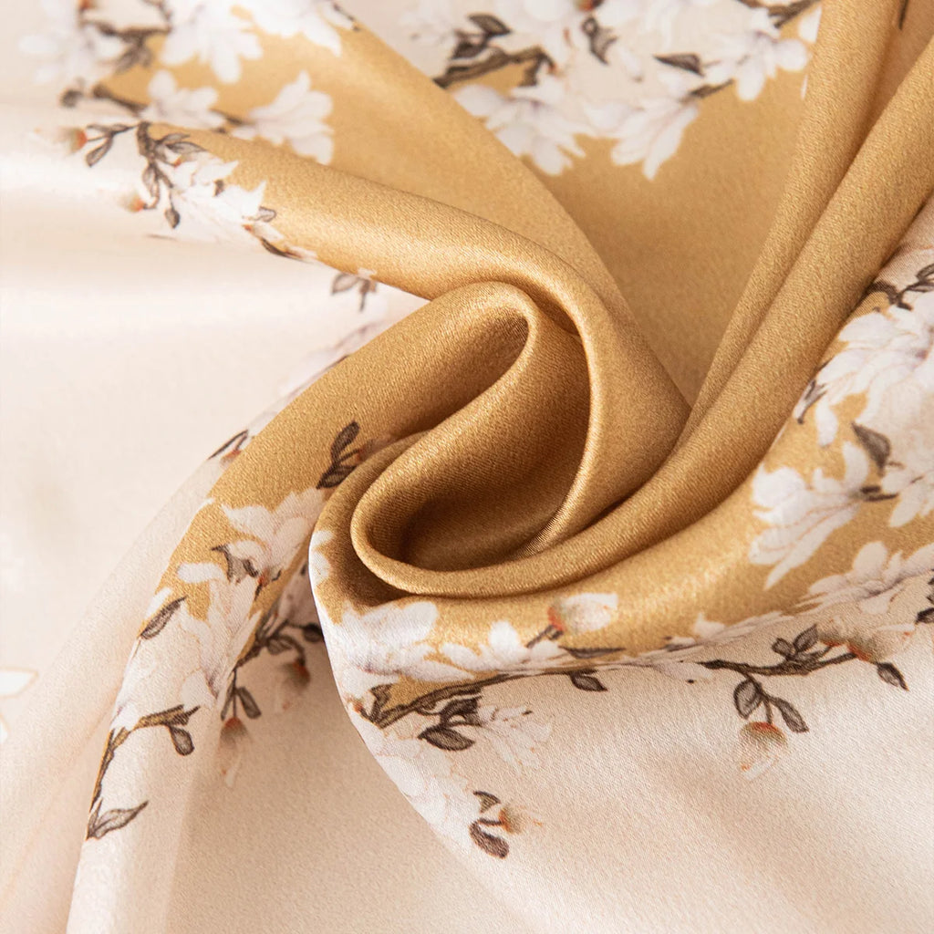 Beige floral Silk Square Scarf fabric swirl close-up