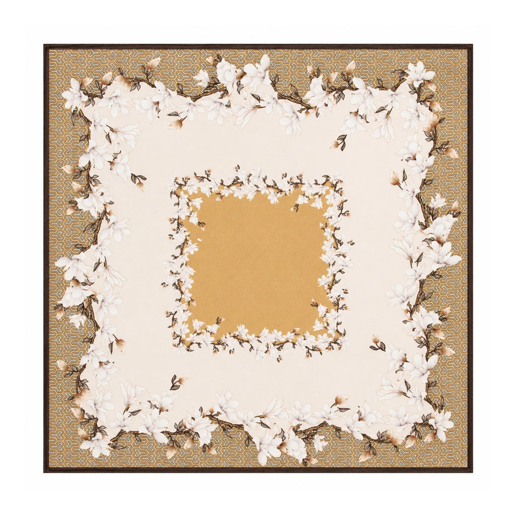 Beige floral border Silk Square Scarf flat lay