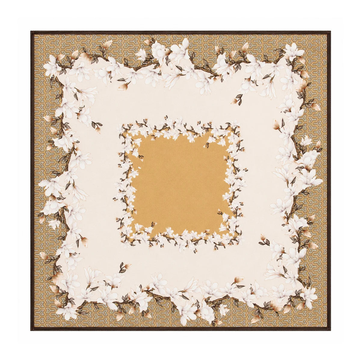 Beige floral border Silk Square Scarf flat lay
