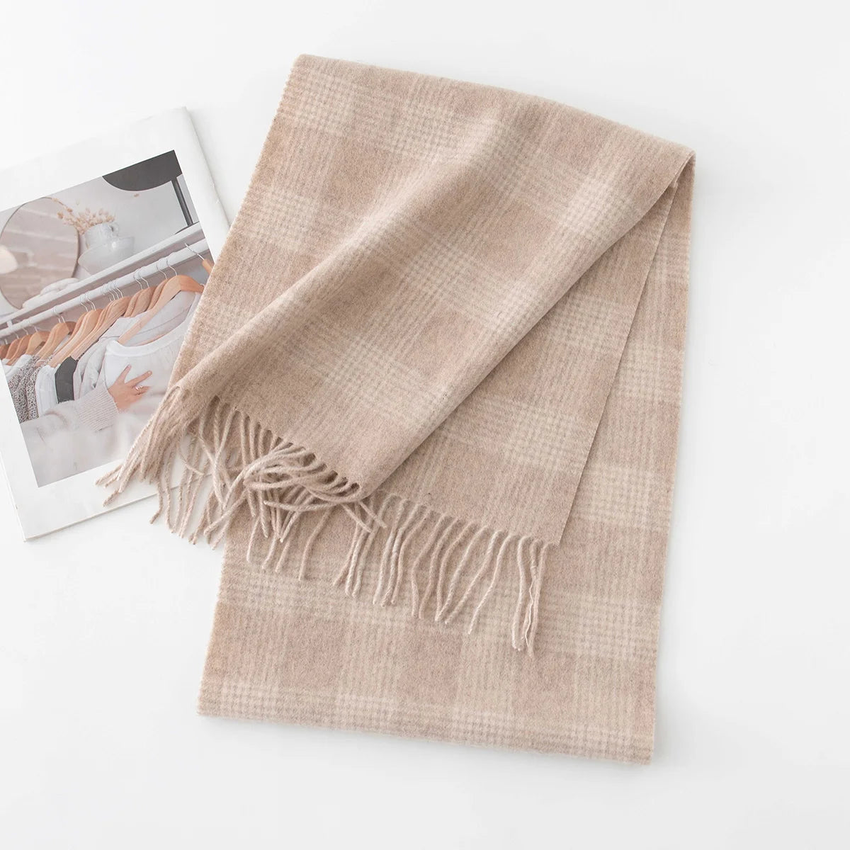 Beige microcheck wool scarf with subtle pale lines and fringe