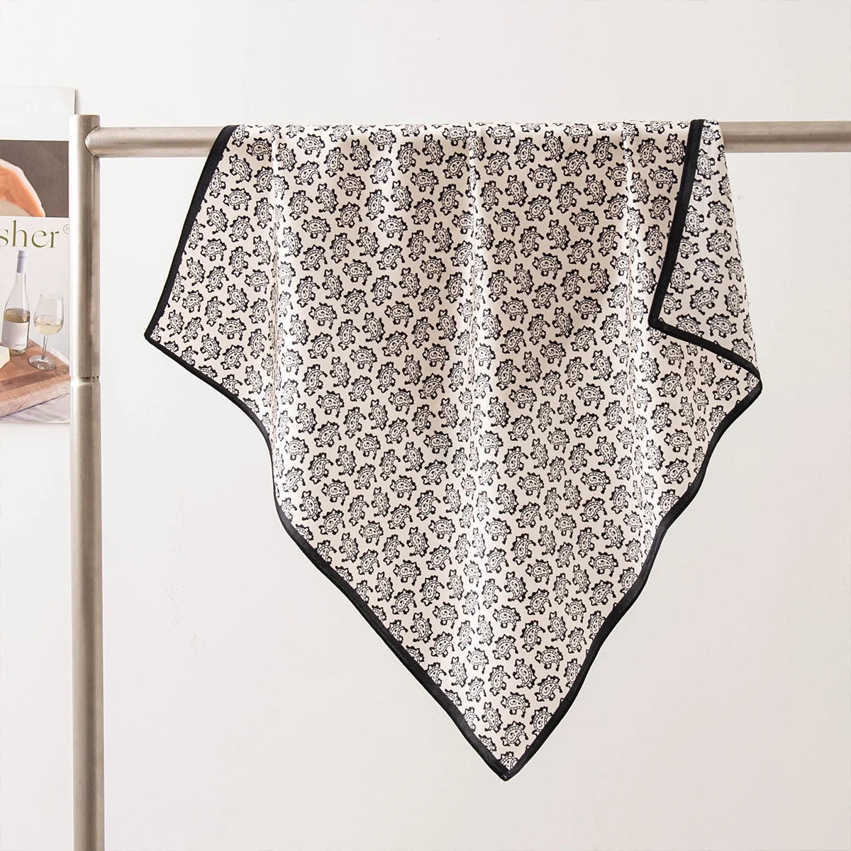 Black paisley Silk Square Scarf hanging display