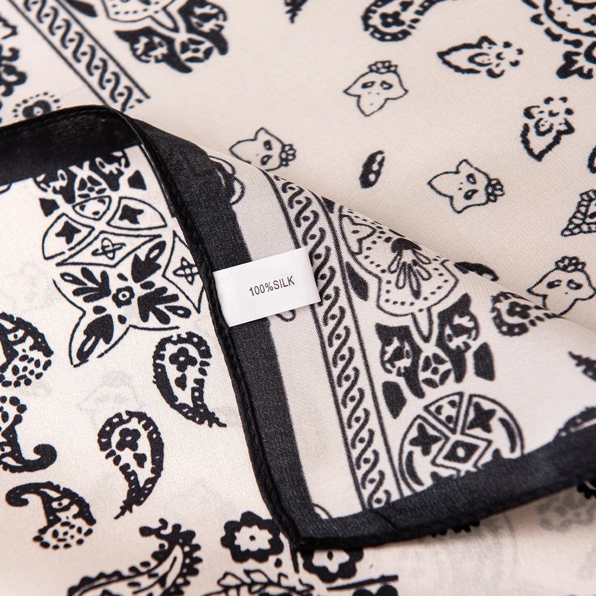 Black white paisley Silk Square Scarf border detail