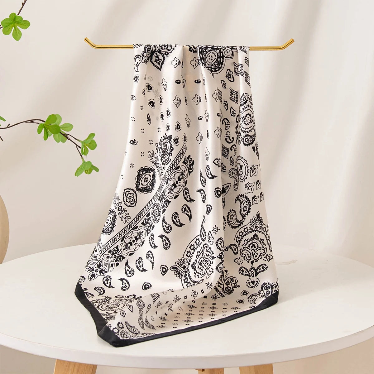 Black white paisley Silk Square Scarf draped display