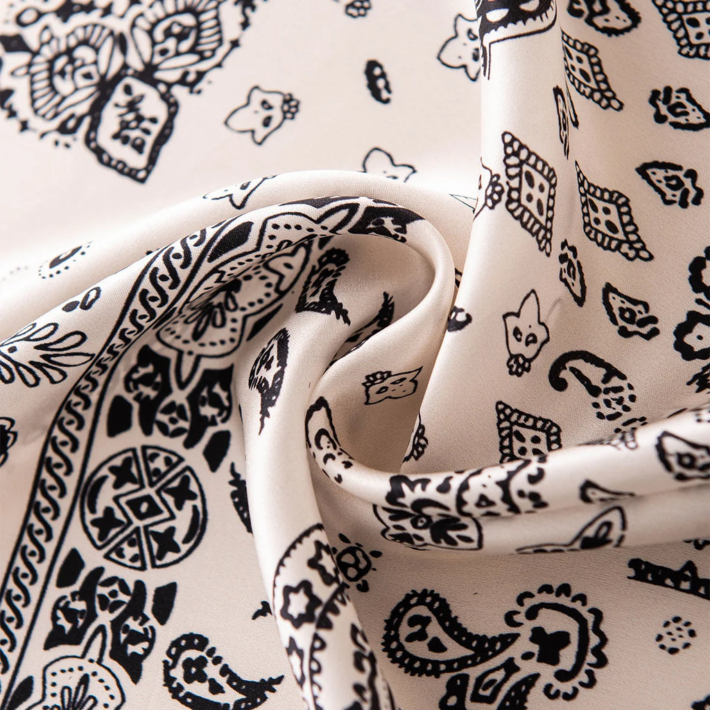 Black white paisley Silk Square Scarf fabric close-up