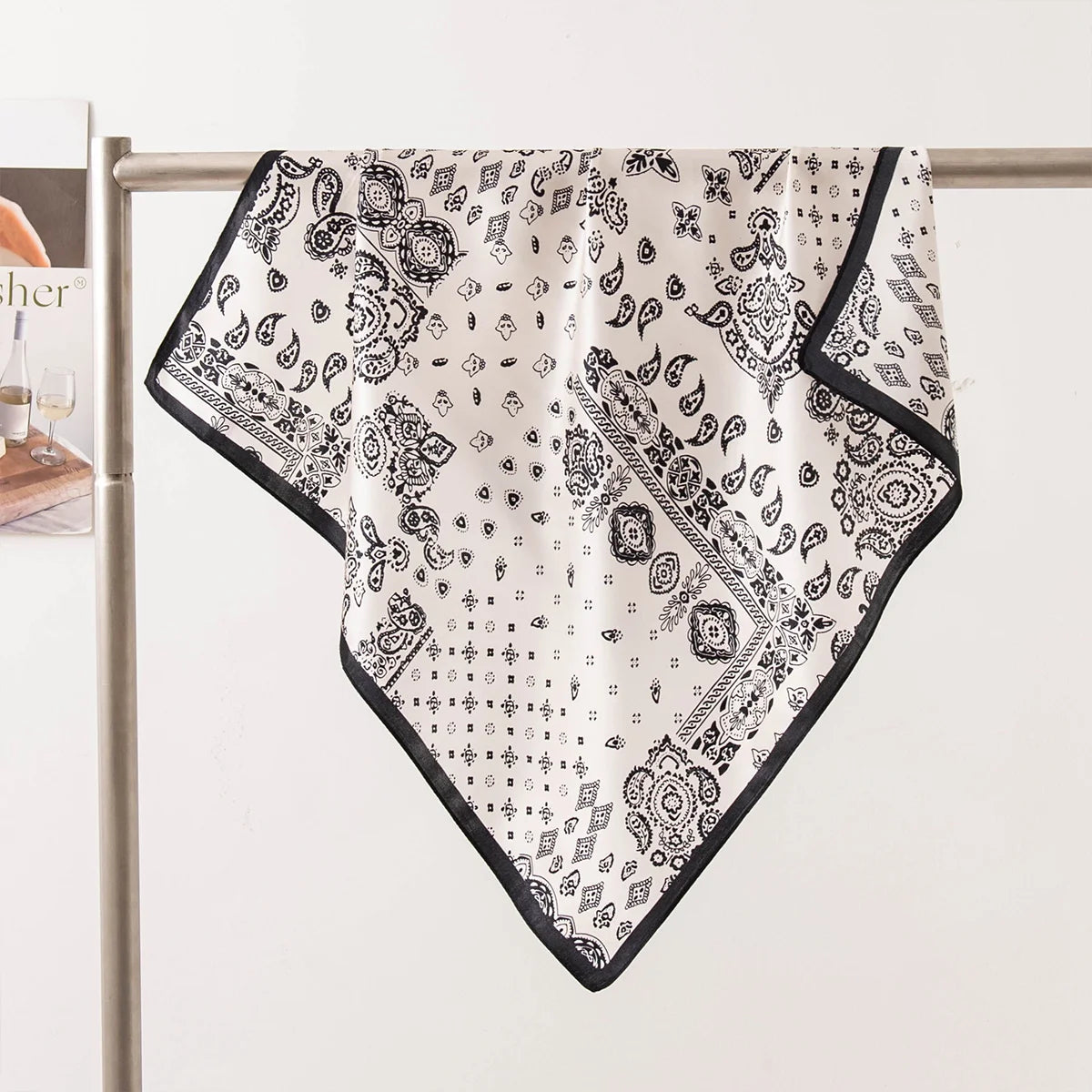 Black white paisley Silk Square Scarf hanging display