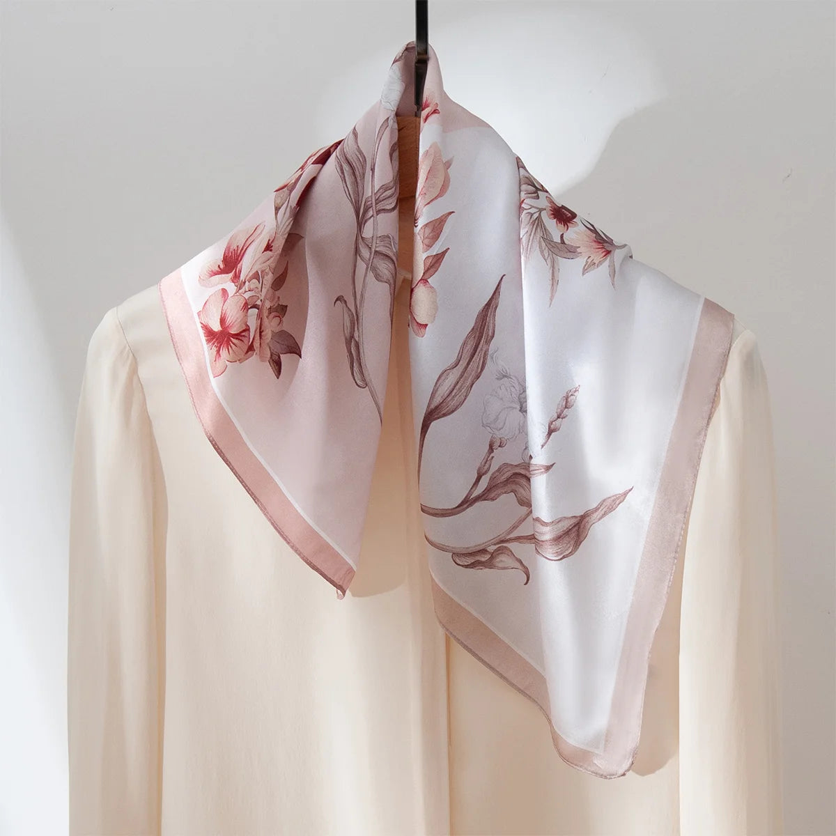 Blossom Silk Square Scarf styled on blouse