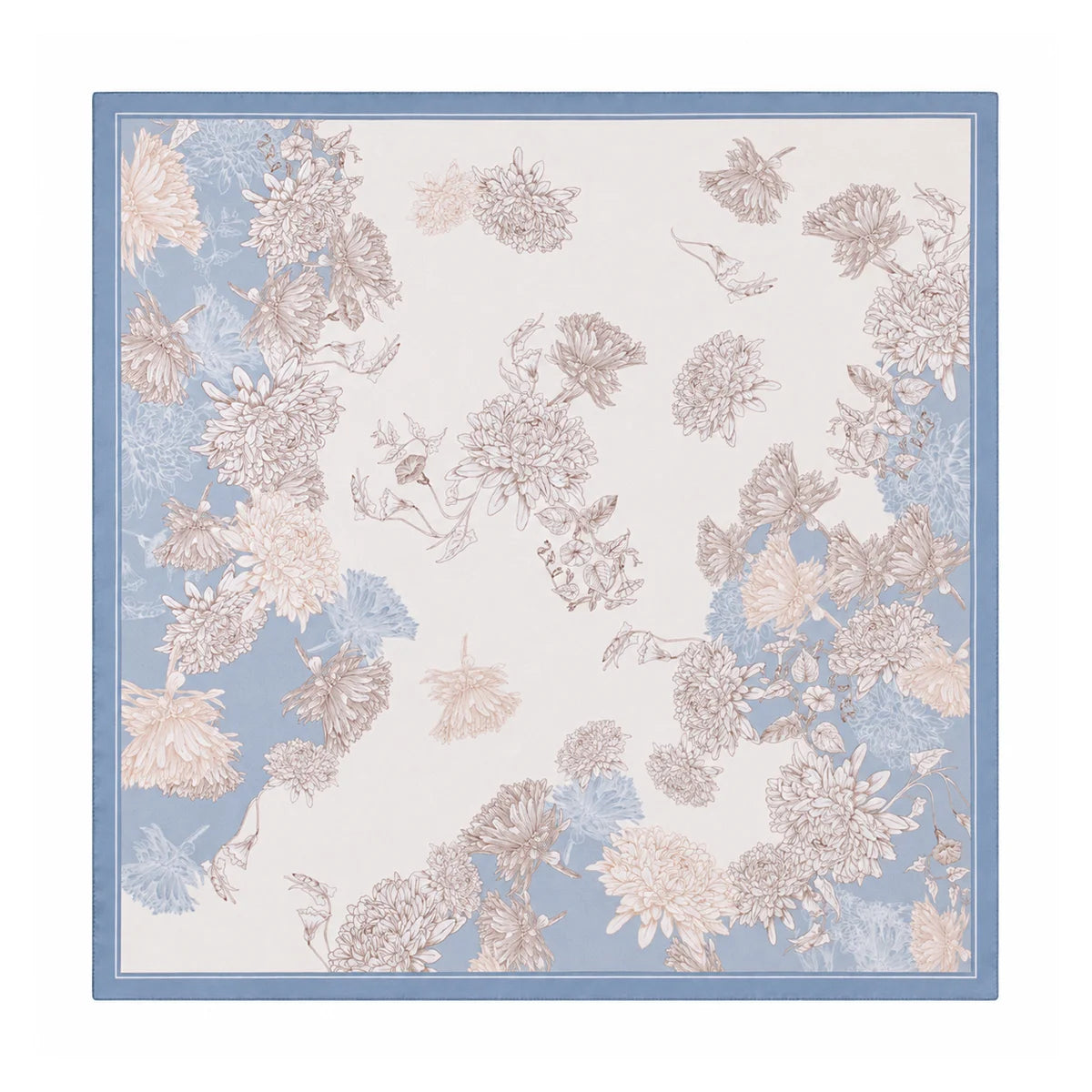 Blue silk square scarf with delicate botanical sketches