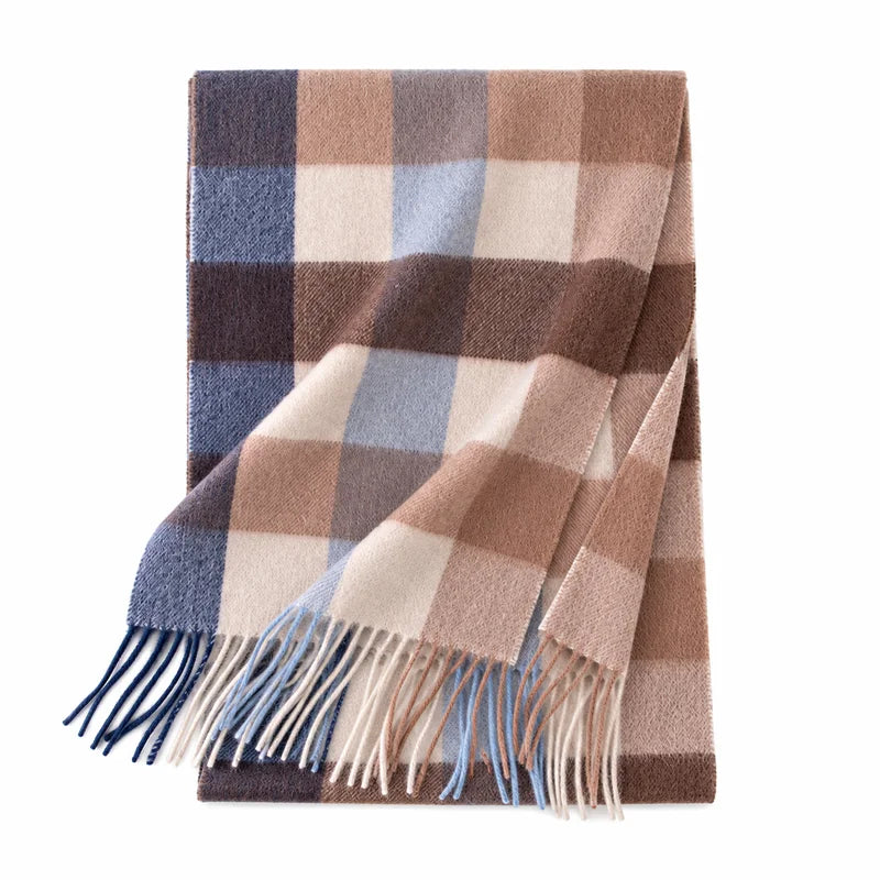 Blue brown cream checked cashmere scarf displayed with fringe