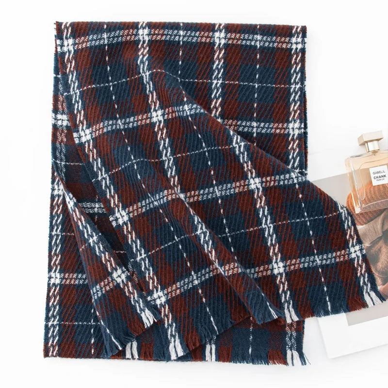 Blue brown tartan wool scarf with narrow pale crossing lines