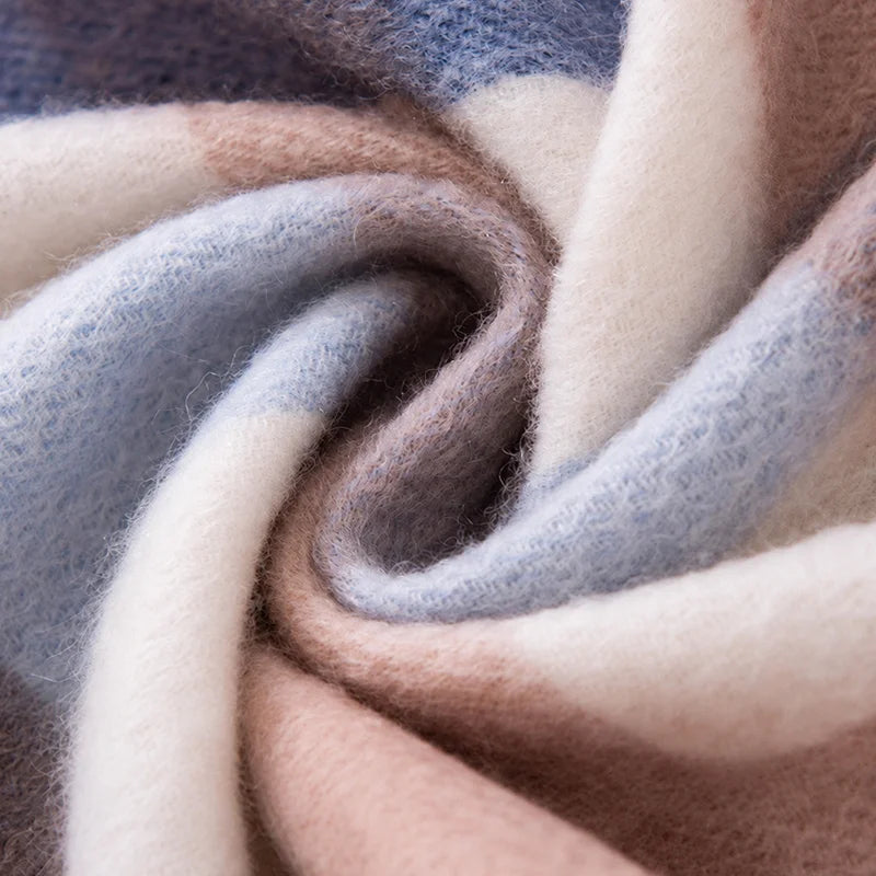 Blue cream brown checked fabric gathered into a swirl