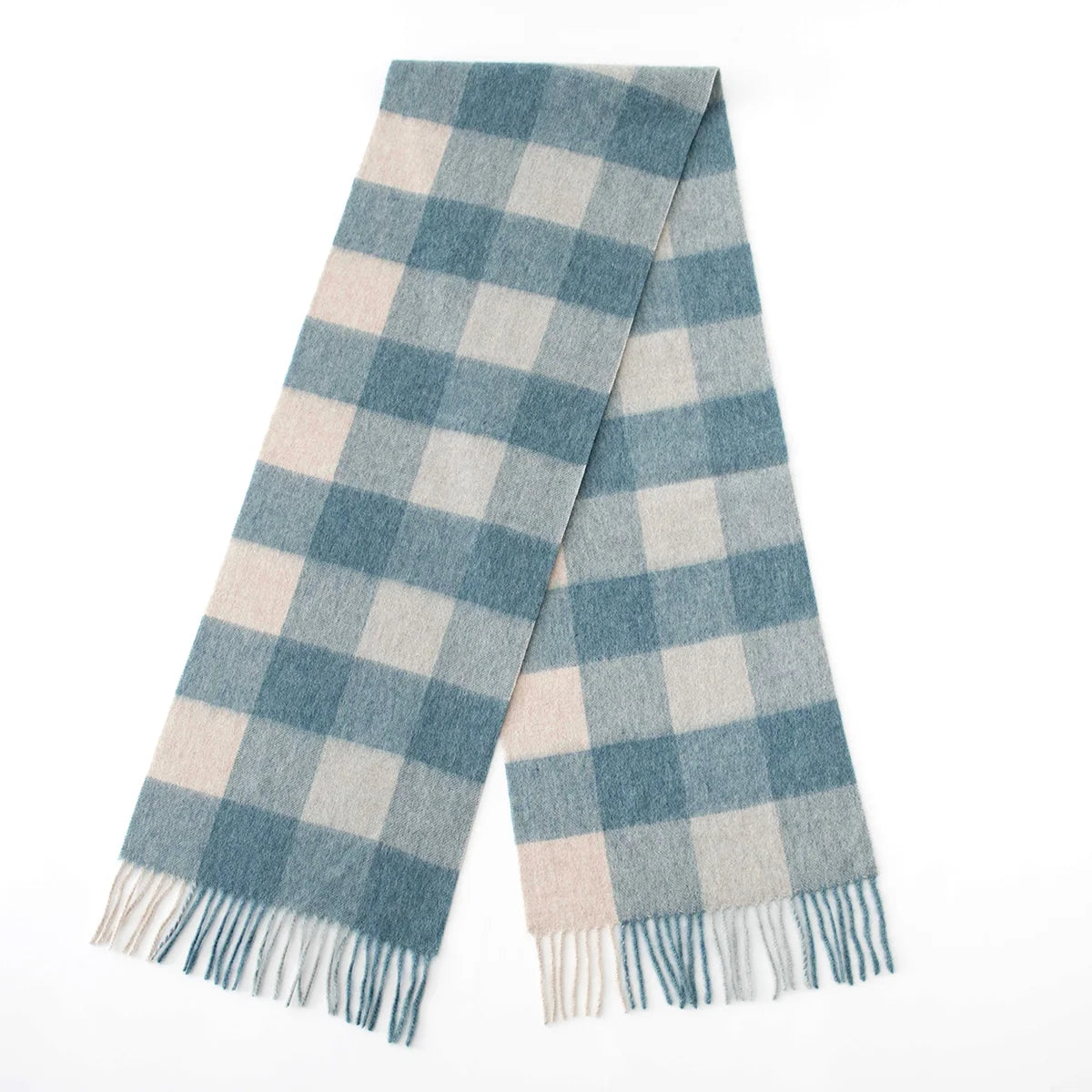 Blue cream buffalo check wool scarf showing both fringed ends