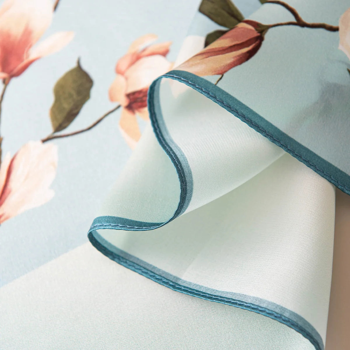 Blue floral Silk Square Scarf rolled edge detail