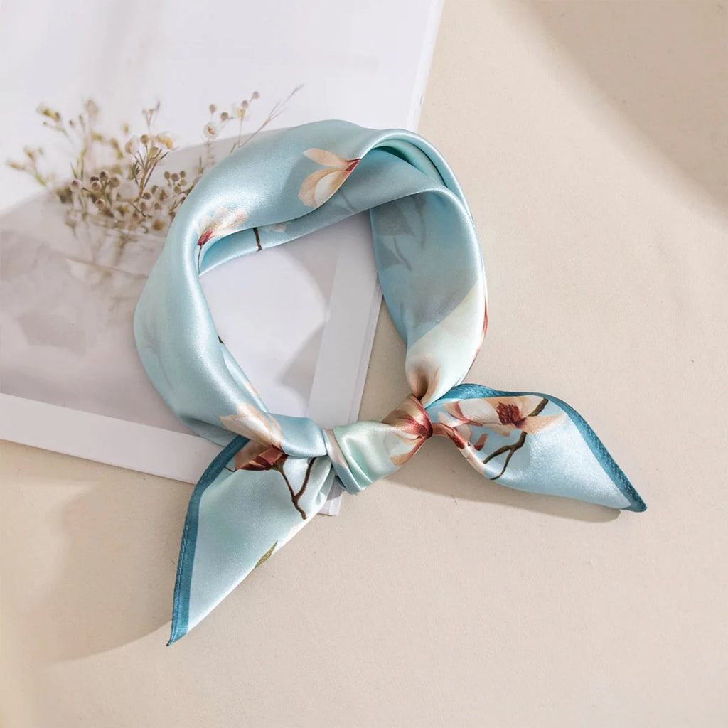 Blue floral Silk Square Scarf tied in knot