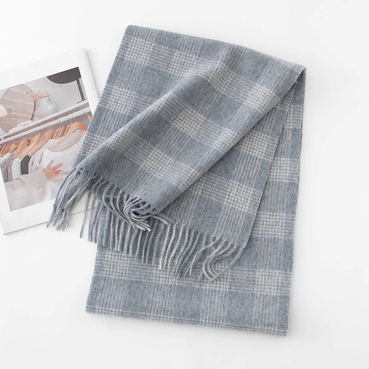 Blue gray microcheck wool scarf displaying pale crossing bands