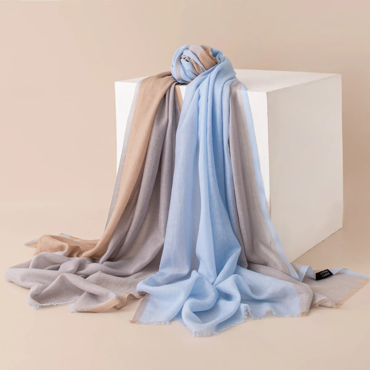 Blue gray paneled wool scarf cascading in long loose folds