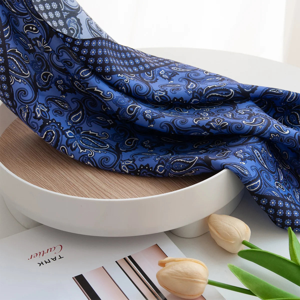 Blue paisley Silk Square Scarf styled with tulips