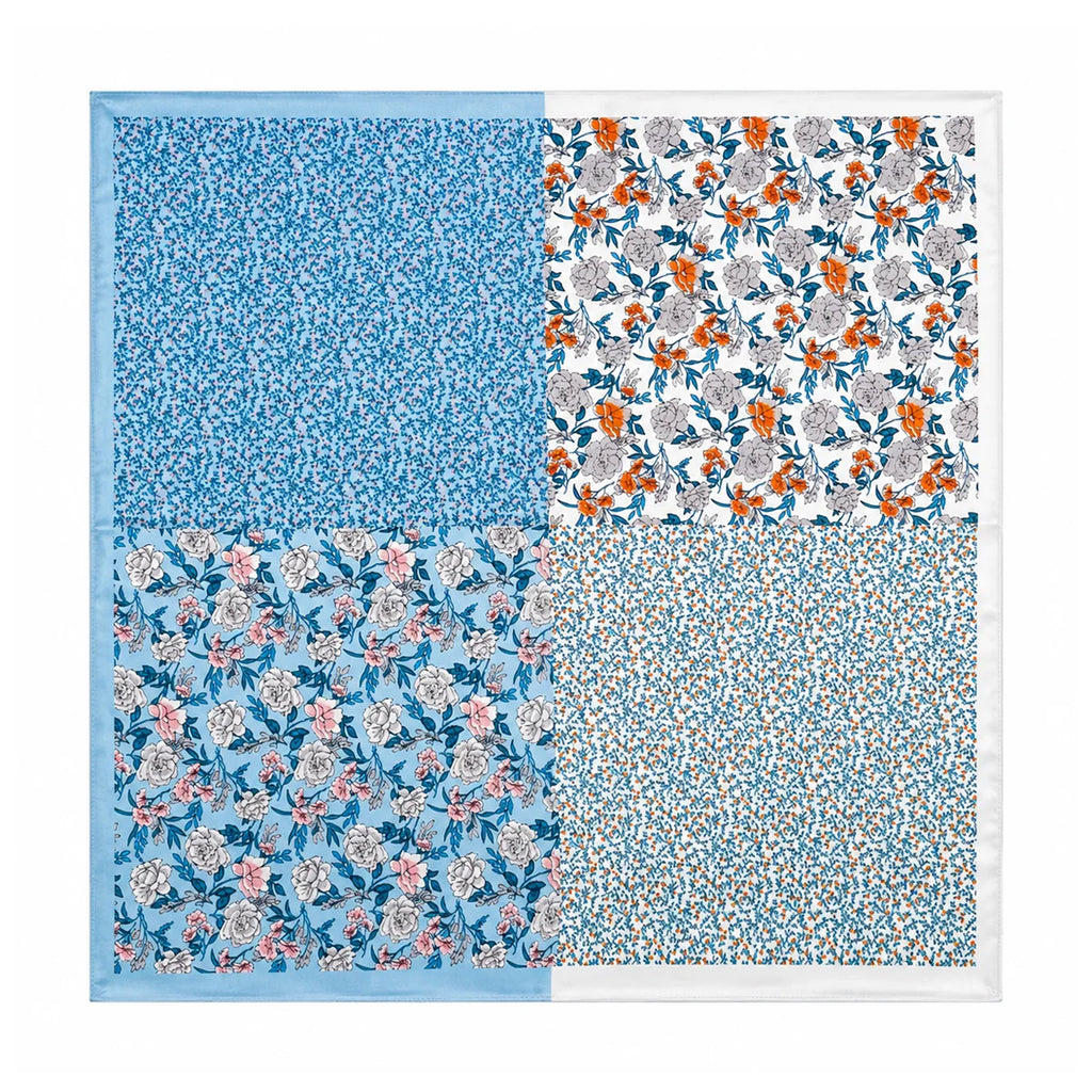 Blue patchwork floral silk square scarf flat lay