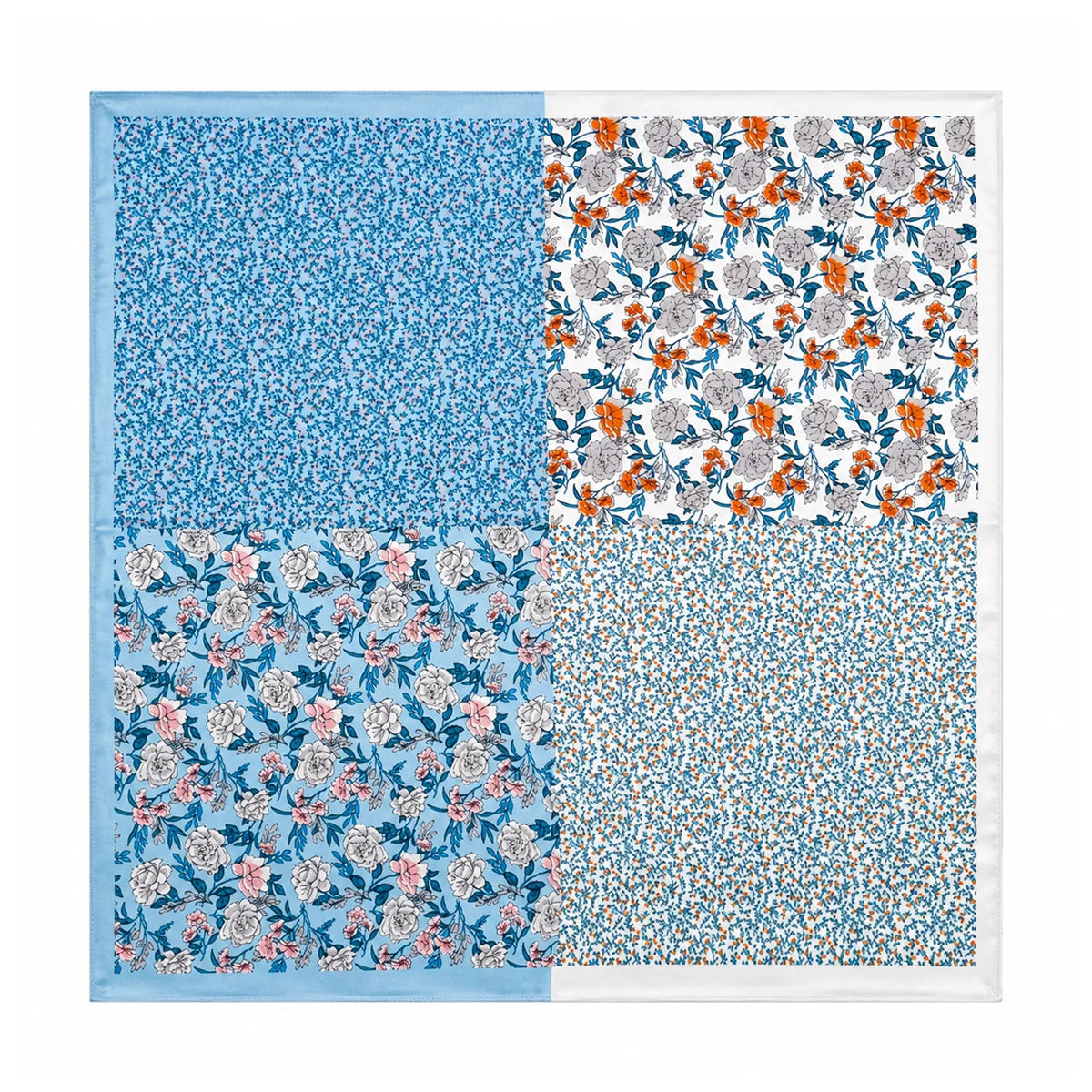 Blue patchwork floral silk square scarf flat lay