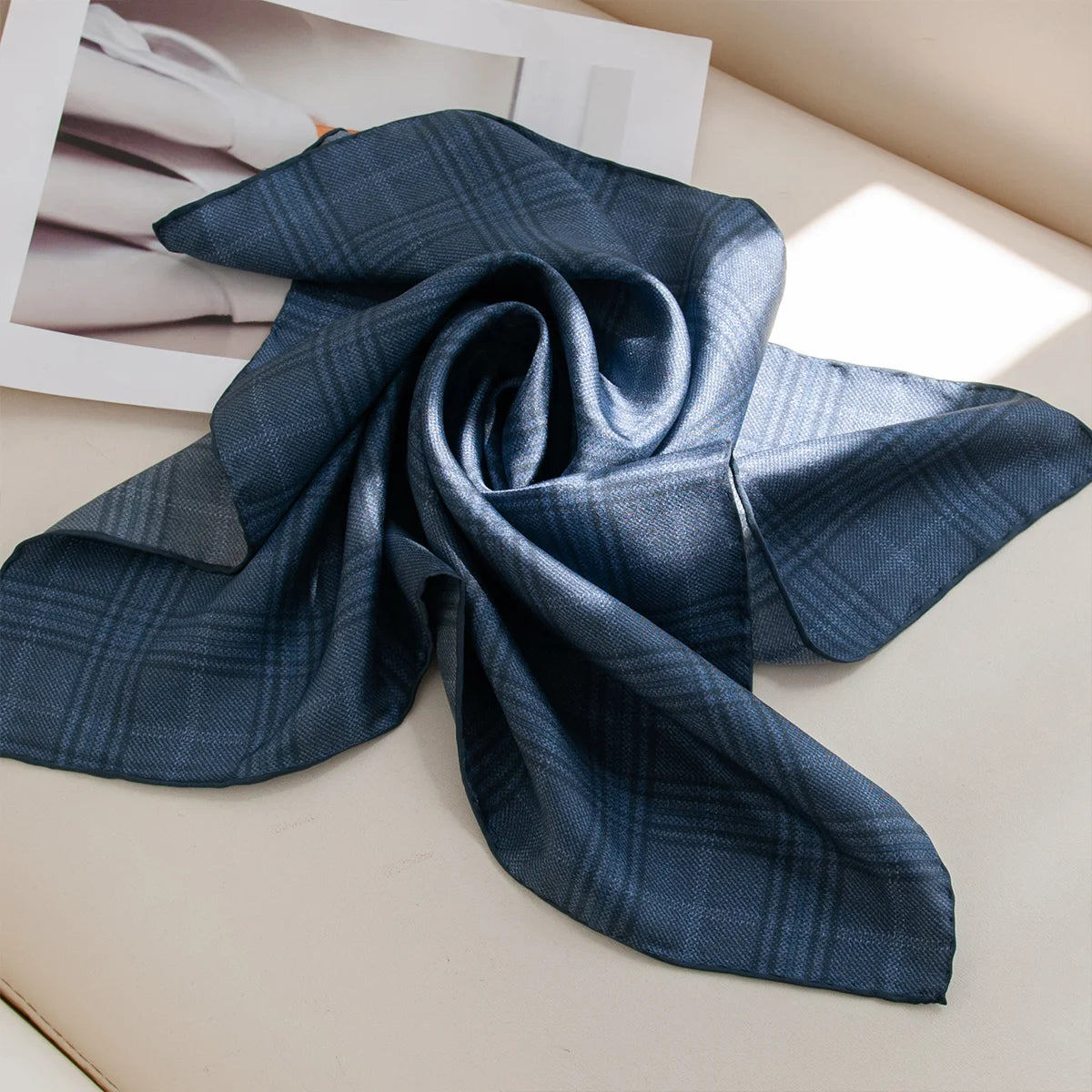 Blue plaid Silk Square Scarf styled in bow shape