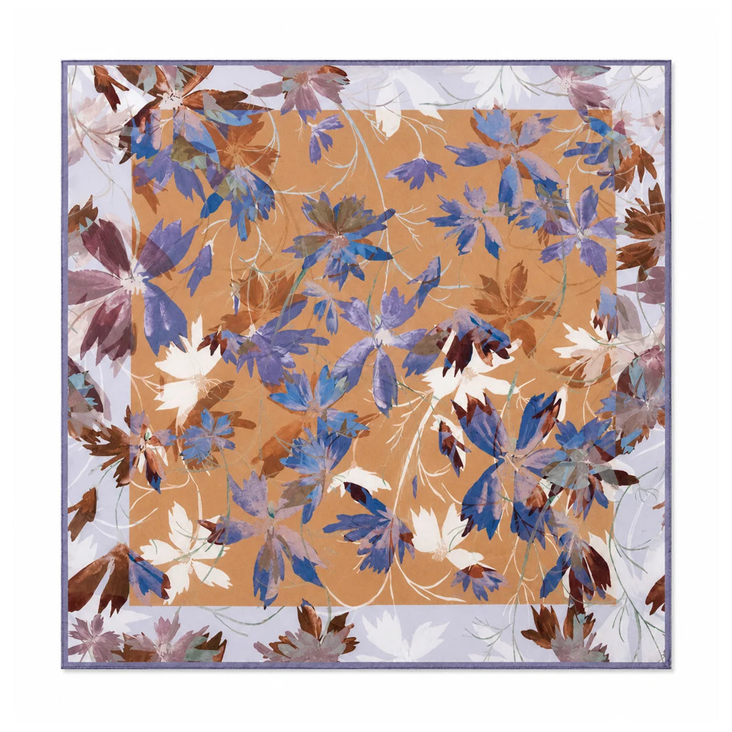 Blue purple floral Silk Square Scarf flat lay