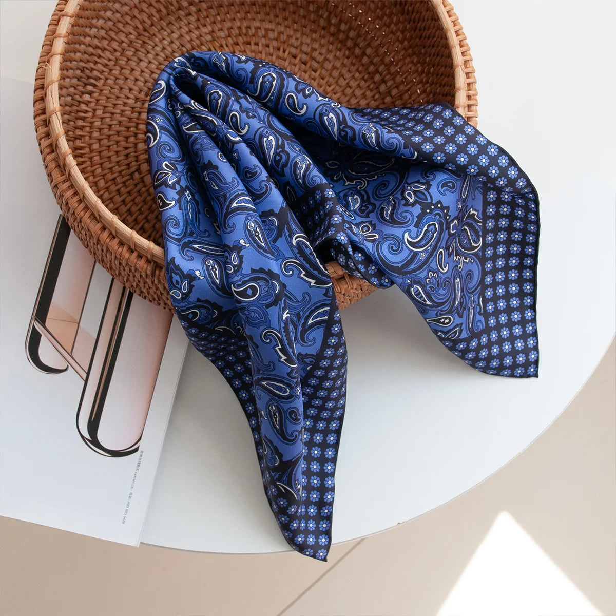 Blue purple paisley Silk Square Scarf draped on basket