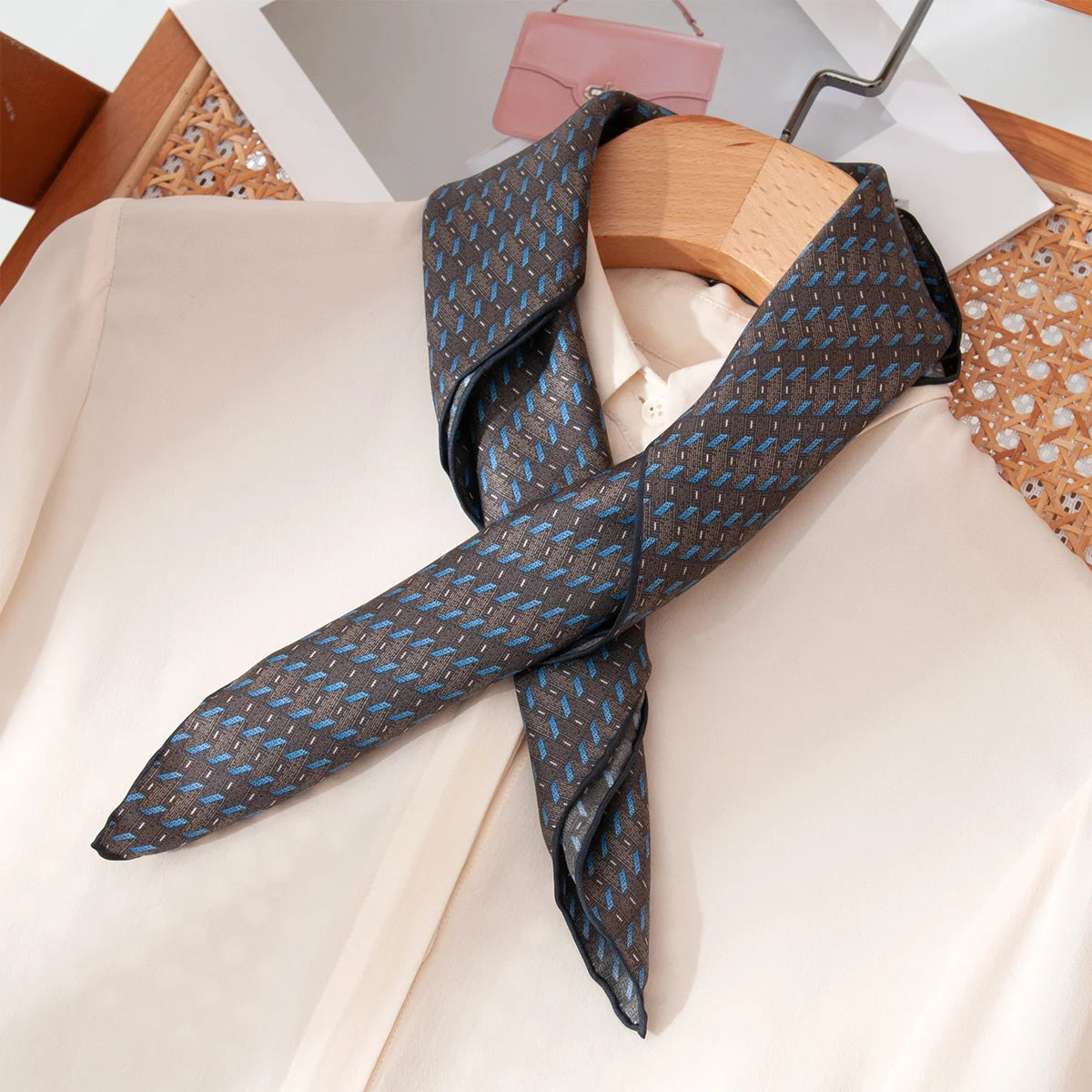 Blue stripe Silk Square Scarf styled on shirt