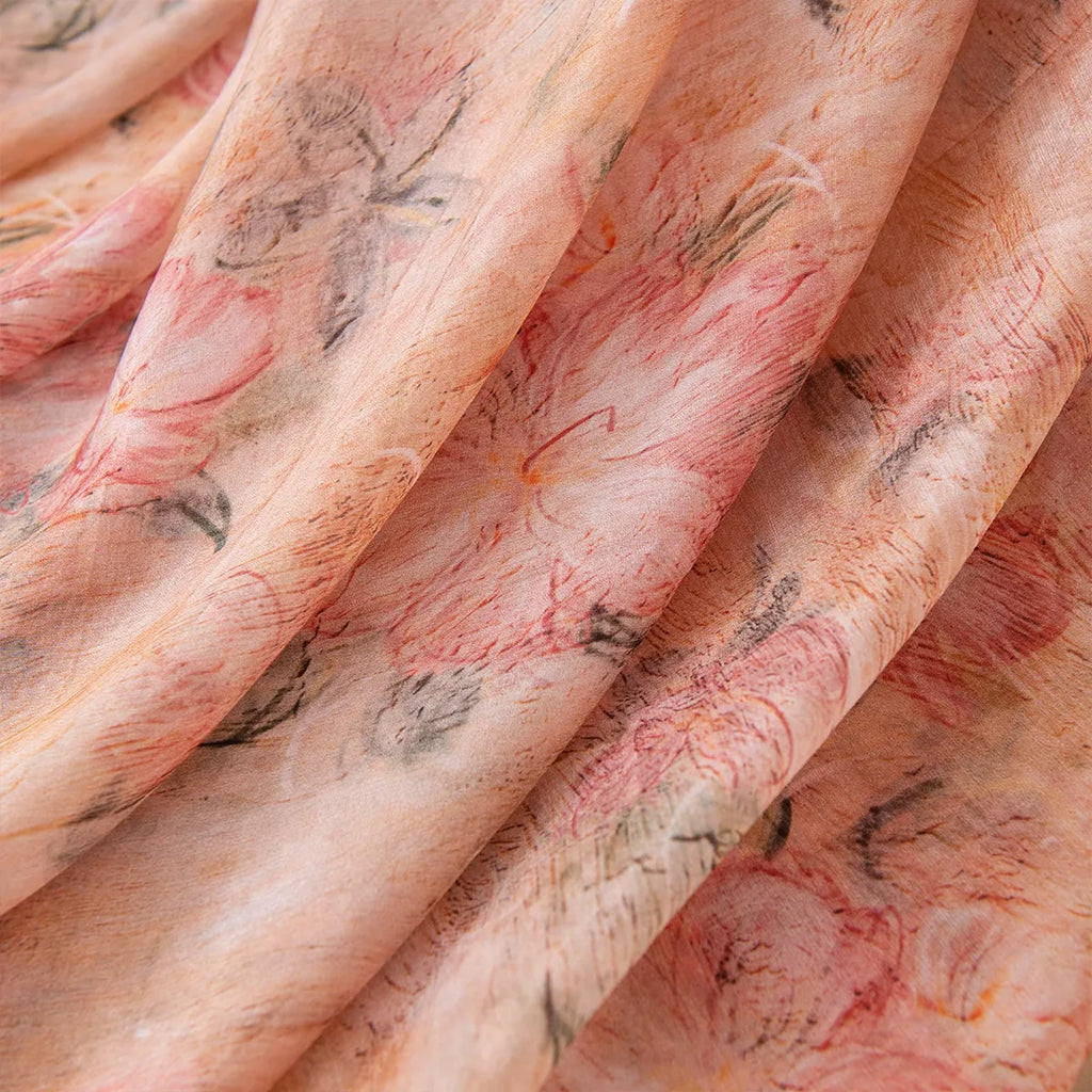 Blush cherry blossom silk scarf fabric close-up