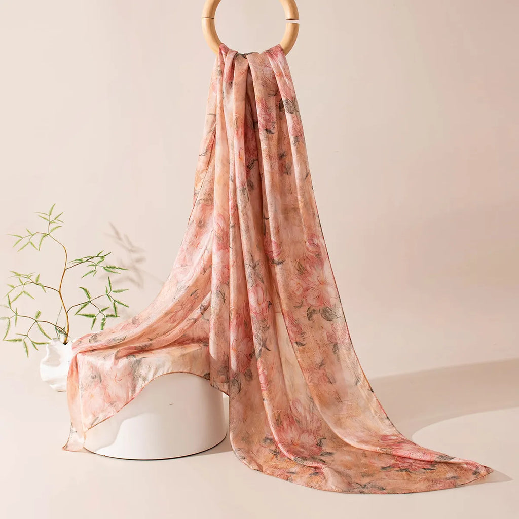 Blush cherry blossom silk scarf hanging display