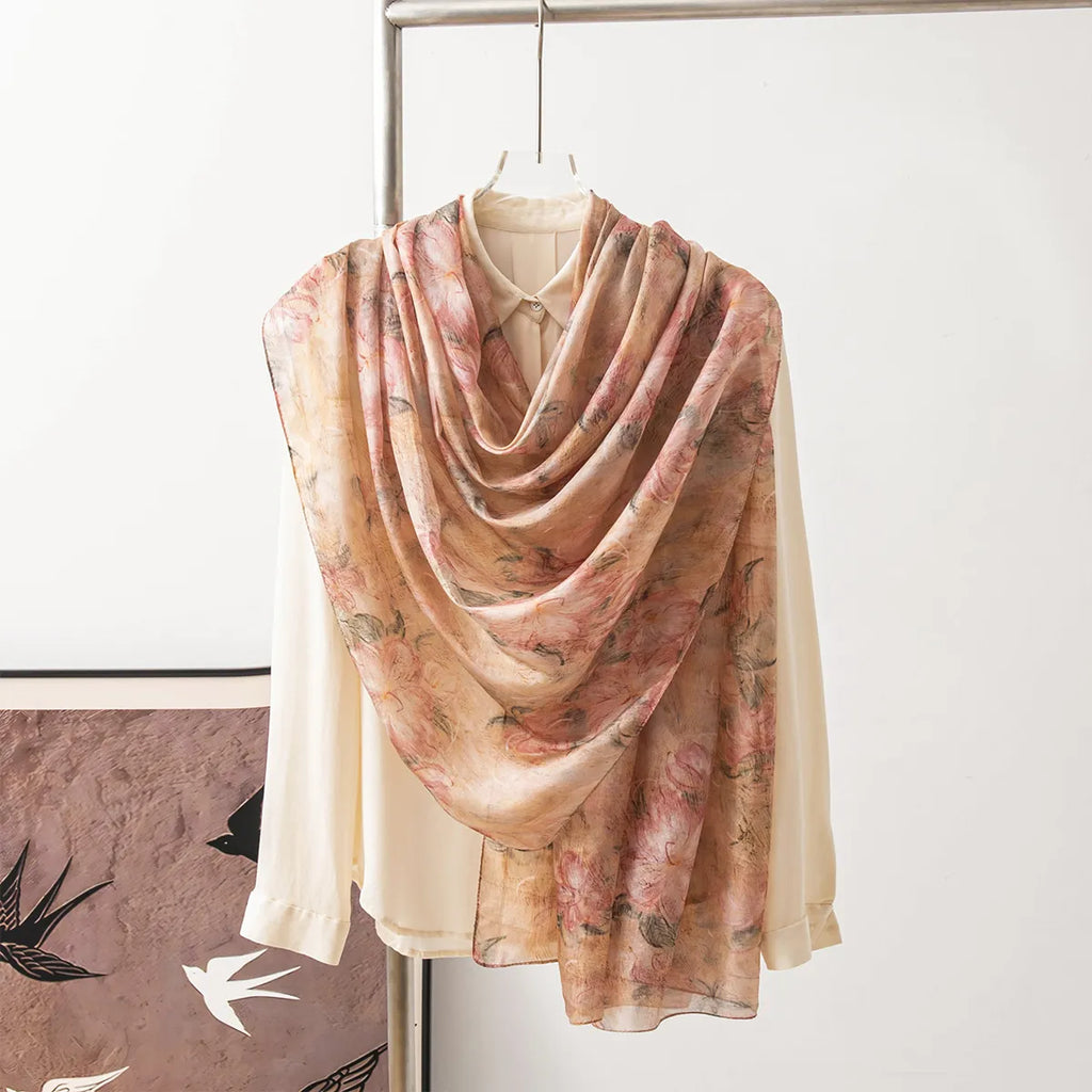 Blush cherry blossom silk shawl on blouse