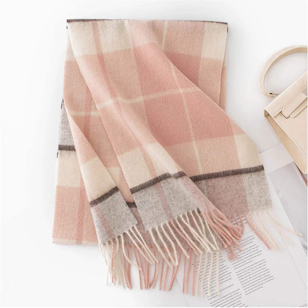Blush cream plaid wool scarf showing fine darker crossing stripes