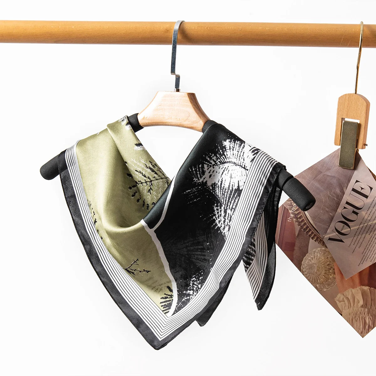 Botanical Silk Square Scarf hanging on clothes rail